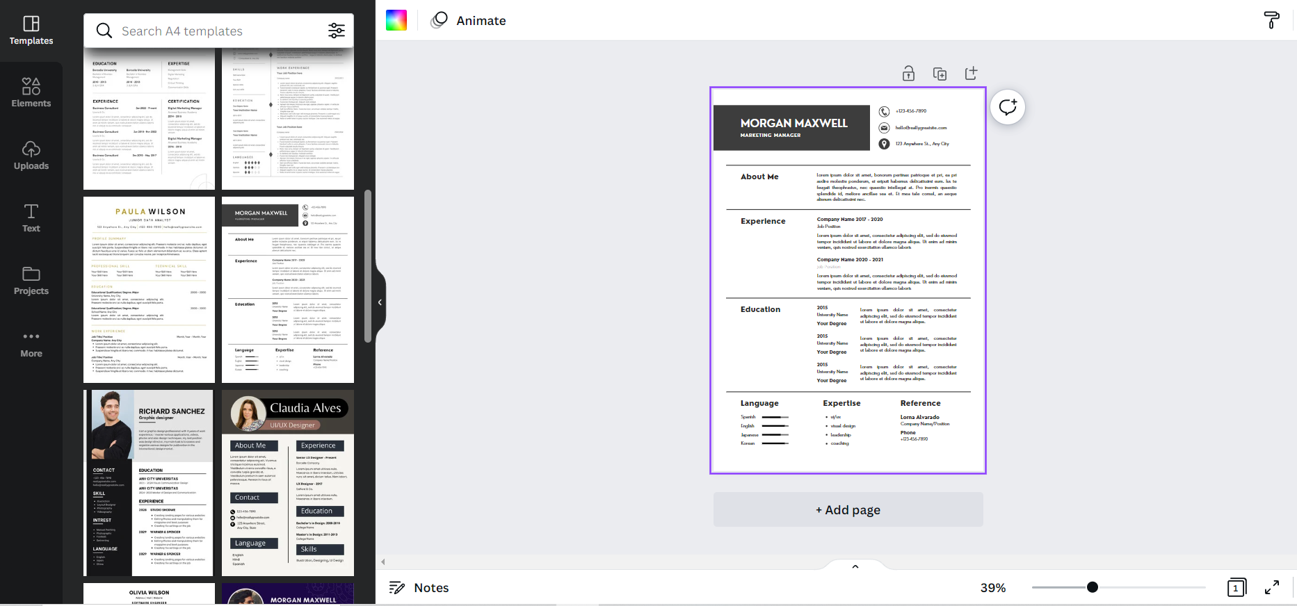 Sample of Canva Resume Builder